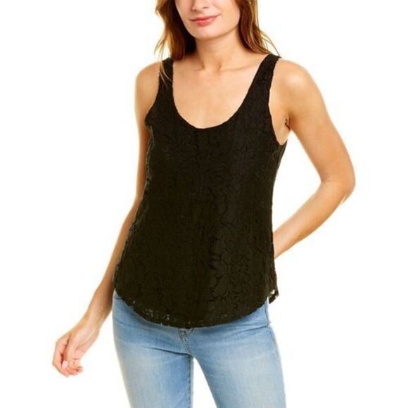 ✨KENAR WOMEN'S BLACK SLEEVELESS TANK LACE OVERLAY FRONT COTTON BLEND TOP✨ - Picture 1 of 5